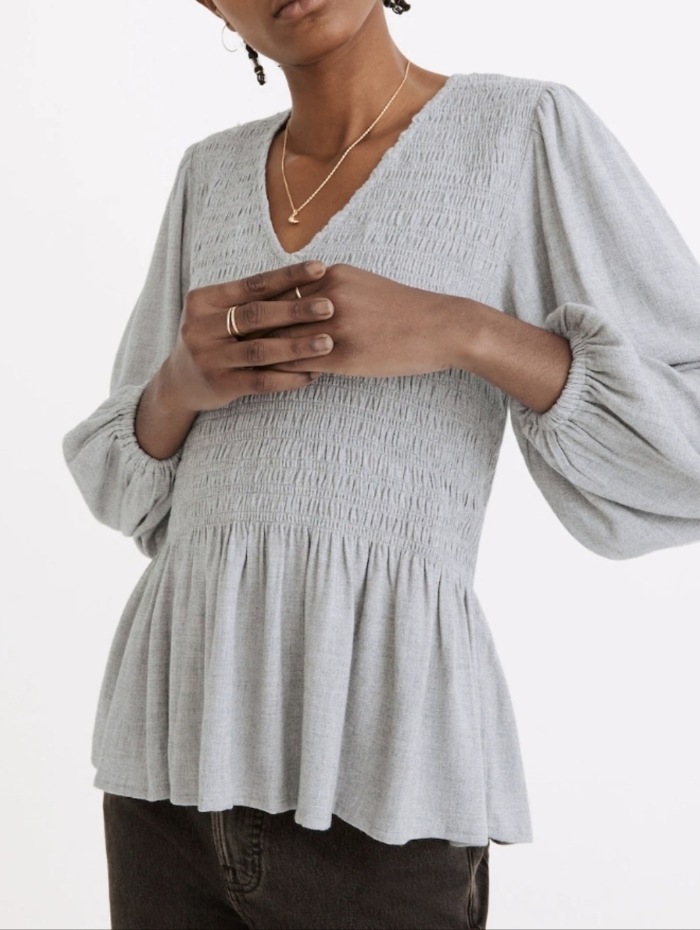 Madewell Lucie  Heather Gray Smocked V-Neck Peplum Top Sz.M